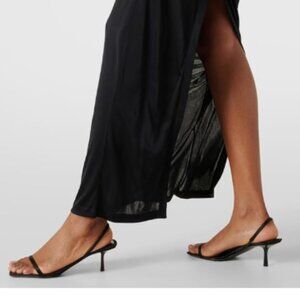 Maiyang Black Open Square Toe Slingback Satin Elastic Backstrap Low Heel Sandals